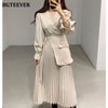 BGTEEVER Casual V-neck Slim Waist Belted Female Dress 2023 Spring Elegant Full Sleeve Women Pleated Vestidos Ladies Midi Dress
