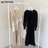 BGTEEVER Casual V-neck Slim Waist Belted Female Dress 2023 Spring Elegant Full Sleeve Women Pleated Vestidos Ladies Midi Dress