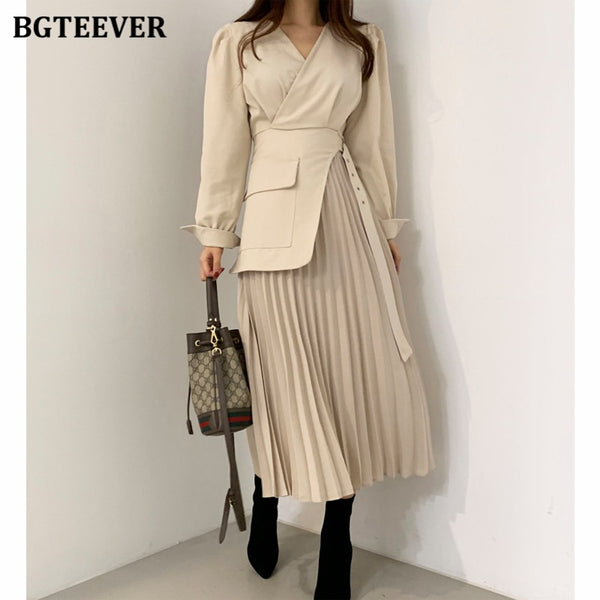 BGTEEVER Casual V-neck Slim Waist Belted Female Dress 2023 Spring Elegant Full Sleeve Women Pleated Vestidos Ladies Midi Dress