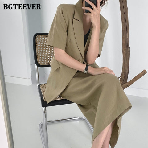 BGTEEVER Chic Ladies 2 Pieces Skirt Suits Single Button Short Sleeve Jacket & Elastic Waist Straight Skirt 2022 Summer