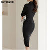 BGTEEVER Chic Stand Collar Hollow Out Women Pencil Dress Elegant OL Style Slim Waist Bodycon Midi Vestidos Femme 2022 Spring
