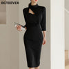 BGTEEVER Chic Stand Collar Hollow Out Women Pencil Dress Elegant OL Style Slim Waist Bodycon Midi Vestidos Femme 2022 Spring