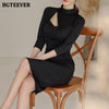 BGTEEVER Chic Stand Collar Hollow Out Women Pencil Dress Elegant OL Style Slim Waist Bodycon Midi Vestidos Femme 2022 Spring