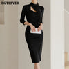 BGTEEVER Chic Stand Collar Hollow Out Women Pencil Dress Elegant OL Style Slim Waist Bodycon Midi Vestidos Femme 2022 Spring
