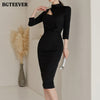 BGTEEVER Chic Stand Collar Hollow Out Women Pencil Dress Elegant OL Style Slim Waist Bodycon Midi Vestidos Femme 2022 Spring