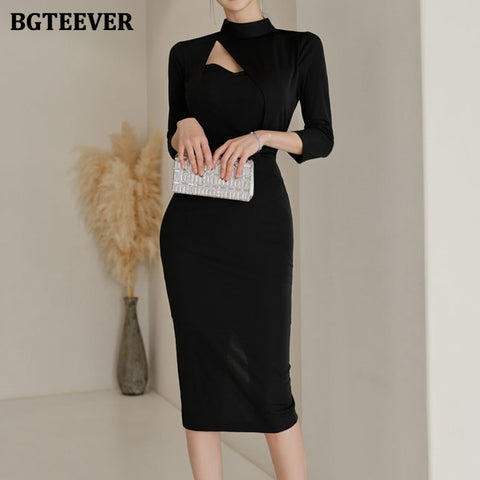 BGTEEVER Chic Stand Collar Hollow Out Women Pencil Dress Elegant OL Style Slim Waist Bodycon Midi Vestidos Femme 2022 Spring