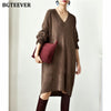 BGTEEVER Chic Stylish Oversized V-neck Sweater Midi Dress Long Sleeve Thick Warm Autumn Winter Loose Female Knitted Dress 2023