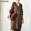 BGTEEVER Chic Stylish Oversized V-neck Sweater Midi Dress Long Sleeve Thick Warm Autumn Winter Loose Female Knitted Dress 2023