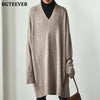 BGTEEVER Chic Stylish Oversized V-neck Sweater Midi Dress Long Sleeve Thick Warm Autumn Winter Loose Female Knitted Dress 2023