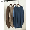 BGTEEVER Chic Stylish Oversized V-neck Sweater Midi Dress Long Sleeve Thick Warm Autumn Winter Loose Female Knitted Dress 2023