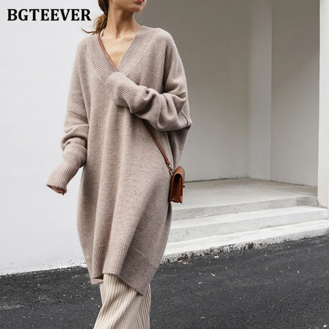 BGTEEVER Chic Stylish Oversized V-neck Sweater Midi Dress Long Sleeve Thick Warm Autumn Winter Loose Female Knitted Dress 2023