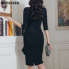 BGTEEVER Chic V-neck Black Women Pencil Dress Slim Waist Ruffles Elegant Female Bodycon Sheath Dress Office Ladies Vestidos 2022
