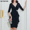 BGTEEVER Chic V-neck Black Women Pencil Dress Slim Waist Ruffles Elegant Female Bodycon Sheath Dress Office Ladies Vestidos 2022