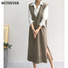 BGTEEVER Chic V-neck Women Knitted Vest Dress 2022 Autumn Winter Sleeveless Loose Split Female Sweater Dress Ladies Vestidos