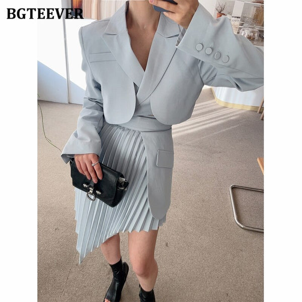 BGTEEVER Chic Women Skirt Suits Women Short Blazer & Elastic Waist Female Pleated Skirt Irregular Patchwork Female 2 Pieces Set