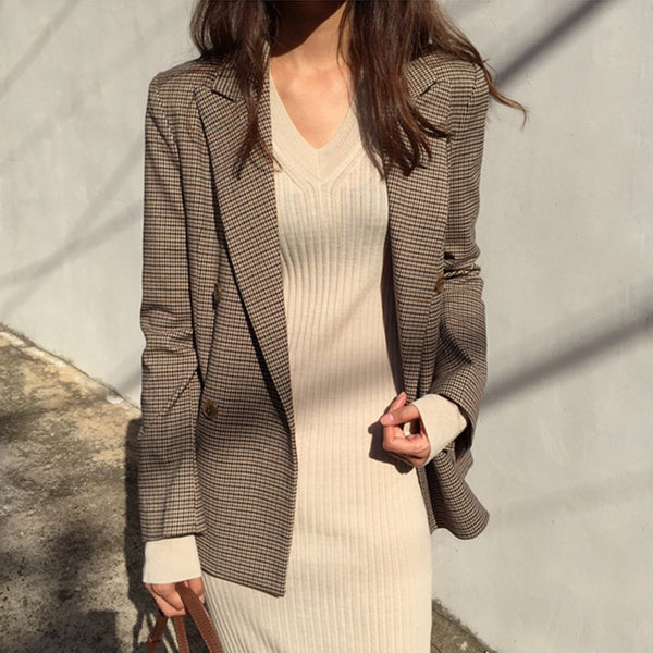 BGTEEVER Double Breasted Plaid Blazer Vintage Houndstooth Full Sleeve Office Ladies Suit Coat 2022 Autumn Jacket Women blazers