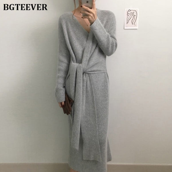 BGTEEVER Elegant Bandage Women Sweater Dress Autumn Winter Bodycon Female Knitted Party Dresses Slim Long Vestidos femme 2023
