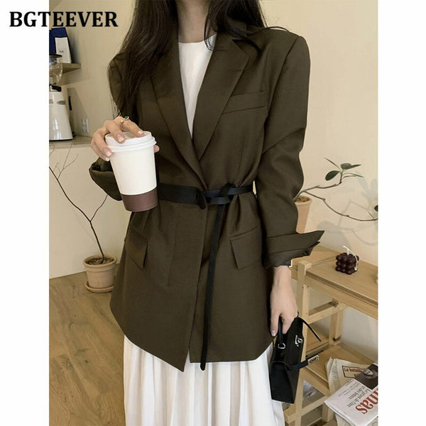 BGTEEVER Elegant Chic Loose Full Sleeve Women Blazer Tops 2022 Autumn Notched Collar Ladies Single Button Solid Suit Jackets
