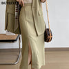 BGTEEVER Elegant Ladies Skirt Suits V-neck Short Sleeve Blazer & Side Split Women Midi Skirts 2022 Summer Women Blazer Set