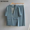 BGTEEVER Elegant Ladies Skirt Suits V-neck Short Sleeve Blazer & Side Split Women Midi Skirts 2022 Summer Women Blazer Set