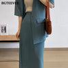 BGTEEVER Elegant Ladies Skirt Suits V-neck Short Sleeve Blazer & Side Split Women Midi Skirts 2022 Summer Women Blazer Set
