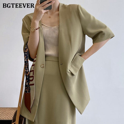 BGTEEVER Elegant Ladies Skirt Suits V-neck Short Sleeve Blazer & Side Split Women Midi Skirts 2022 Summer Women Blazer Set