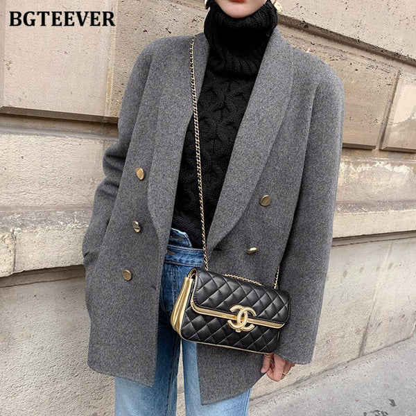 BGTEEVER Elegant Ladies Thicken Warm Blazer Double Breasted Loose Female Long Sleeve Woolen Suit Jackets Winter Coat 2022