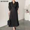 BGTEEVER Elegant Lapel Women Pleated Dress Autumn Winter Stylish Puff Sleeve Slim Waist Female A-line Dress Ladies Vestidos 2022