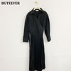 BGTEEVER Elegant Lapel Women Pleated Dress Autumn Winter Stylish Puff Sleeve Slim Waist Female A-line Dress Ladies Vestidos 2022