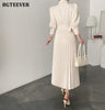 BGTEEVER Elegant Lapel Women Pleated Dress Autumn Winter Stylish Puff Sleeve Slim Waist Female A-line Dress Ladies Vestidos 2022