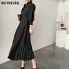 BGTEEVER Elegant Lapel Women Pleated Dress Autumn Winter Stylish Puff Sleeve Slim Waist Female A-line Dress Ladies Vestidos 2022