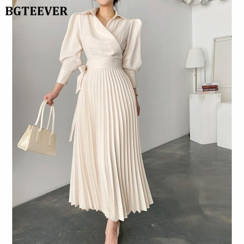 BGTEEVER Elegant Lapel Women Pleated Dress Autumn Winter Stylish Puff Sleeve Slim Waist Female A-line Dress Ladies Vestidos 2022
