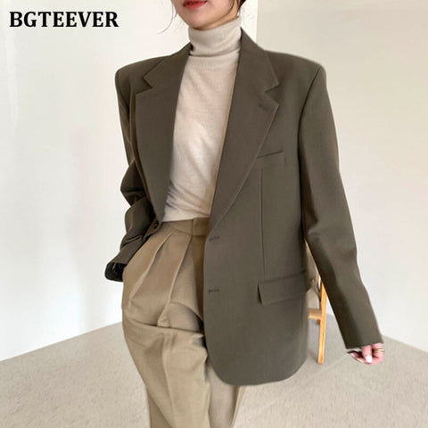 BGTEEVER Elegant Notched Collar Solid Women Jackets Long Sleeve Single-breasted Female Blazer 2022 Autumn Winter Outwear