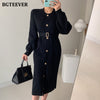 BGTEEVER Elegant O-neck Single-breasted Women Solid Sweater Dress OL Style Long Sleeve Belted Knitted Mid-length Dress Female