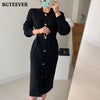 BGTEEVER Elegant O-neck Single-breasted Women Solid Sweater Dress OL Style Long Sleeve Belted Knitted Mid-length Dress Female