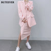 BGTEEVER Elegant Office Ladies Skirt Suits Long Sleeve Blazer & High Waist Split Pencil Midi Skirt Summer Women 2 Pieces Set