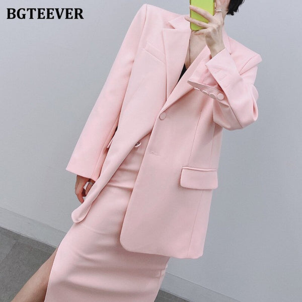 BGTEEVER Elegant Office Ladies Skirt Suits Long Sleeve Blazer & High Waist Split Pencil Midi Skirt Summer Women 2 Pieces Set