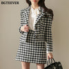 BGTEEVER Elegant Plaid Ladies 2 Pieces Set Long Sleeve Short Blazer & High Waist Mini Skirts Winter Women Woolen Skirt Suits
