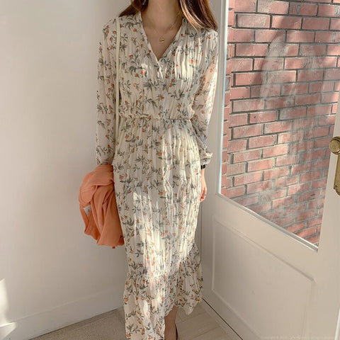 BGTEEVER Elegant Ruched Floral Print Women Autumn Dress Sexy V-neck Full Sleeve Female Long Dresses 2022 Spring Chiffon Vestidos