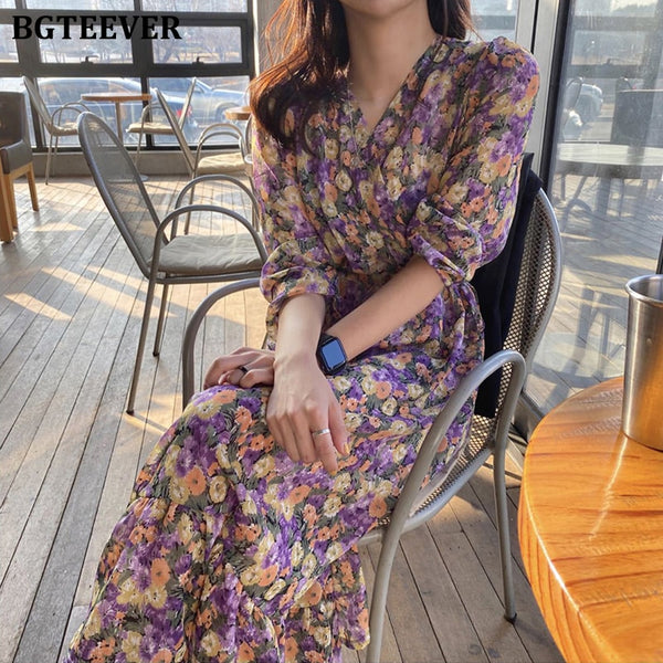 BGTEEVER Elegant Spring Summer Dress for Women Chic V-neck Floral High Waist Female Dress 2023 Purple Chiffon Vestidos femme