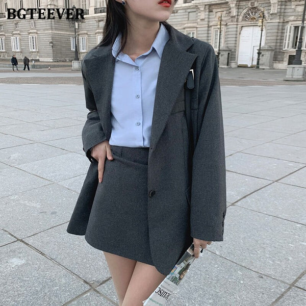 BGTEEVER Elegant Spring Women Skirt Suits Notched Collar Single-breasted Blazer & High Waist Mini Skirt Summer Female Blazer Set