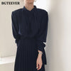 BGTEEVER Elegant Stand Collar Single-breasted Women Dress Office Wear Pleated Lace-up Ladies Midi Dress 2023 Autumn Vestidos