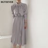 BGTEEVER Elegant Stand Collar Single-breasted Women Dress Office Wear Pleated Lace-up Ladies Midi Dress 2023 Autumn Vestidos
