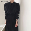 BGTEEVER Elegant Stand Collar Single-breasted Women Dress Office Wear Pleated Lace-up Ladies Midi Dress 2023 Autumn Vestidos