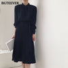 BGTEEVER Elegant Stand Collar Single-breasted Women Dress Office Wear Pleated Lace-up Ladies Midi Dress 2023 Autumn Vestidos