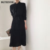 BGTEEVER Elegant Stand Collar Single-breasted Women Dress Office Wear Pleated Lace-up Ladies Midi Dress 2023 Autumn Vestidos