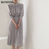 BGTEEVER Elegant Stand Collar Single-breasted Women Dress Office Wear Pleated Lace-up Ladies Midi Dress 2023 Autumn Vestidos