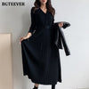 BGTEEVER Elegant V-neck Single-breasted Women Thicken Sweater Dress 2023 Autumn Winter Knitted Belted Female A-line soft dresses