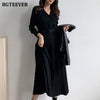 BGTEEVER Elegant V-neck Single-breasted Women Thicken Sweater Dress 2023 Autumn Winter Knitted Belted Female A-line soft dresses