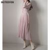 BGTEEVER Elegant V-neck Single-breasted Women Thicken Sweater Dress 2023 Autumn Winter Knitted Belted Female A-line soft dresses